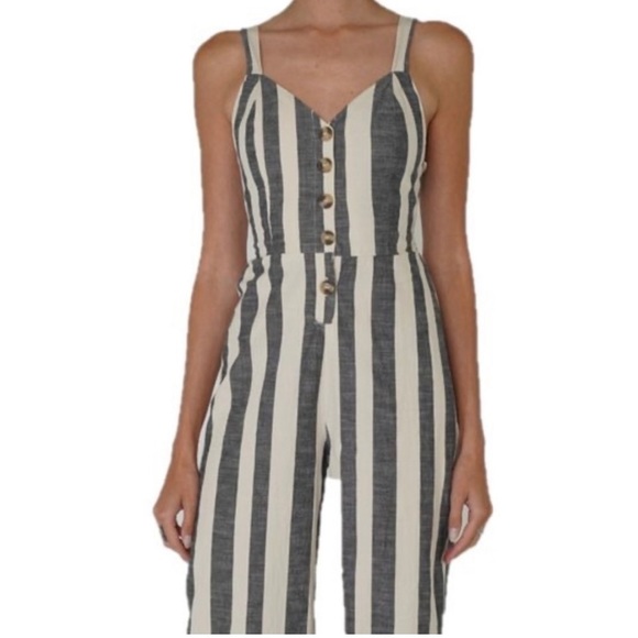 JAPNA Khaki Stripe Linen Romper Jumpsuit Bow Tie Up Back Pant Anthropologie Boho - Picture 10 of 10
